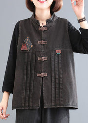 Women Blue Stand Collar Patchwork Denim Coat Sleeveless