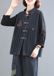 Women Blue Stand Collar Patchwork Denim Coat Sleeveless