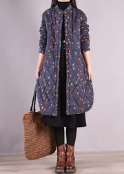 Women Blue Stand Collar Pockets Patchwork Fine Cotton Filled Coat Winter