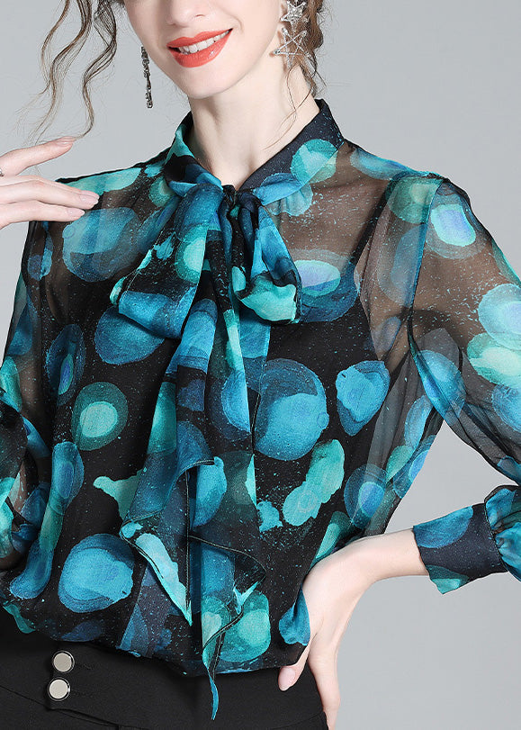 Women Blue Stand Collar Print Bow Silk Shirt Long Sleeve