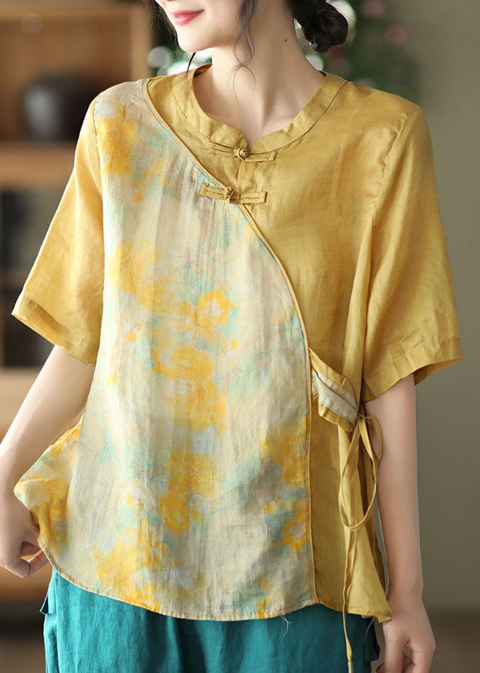 Women Blue Stand Collar Print Patchwork Linen Shirt Top Summer