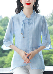 Women Blue Stand Collar Tasseled Patchwork Linen Shirt Summer