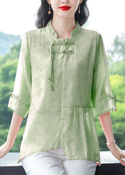 Women Blue Stand Collar Tasseled Patchwork Linen Shirt Summer