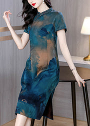Women Blue Stand Collar Tasseled Print Silk Dress Summer