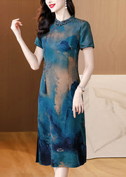 Women Blue Stand Collar Tasseled Print Silk Dress Summer