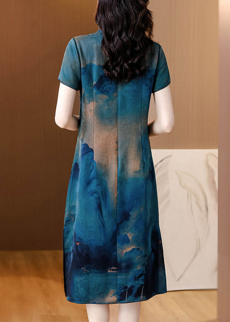 Women Blue Stand Collar Tasseled Print Silk Dress Summer