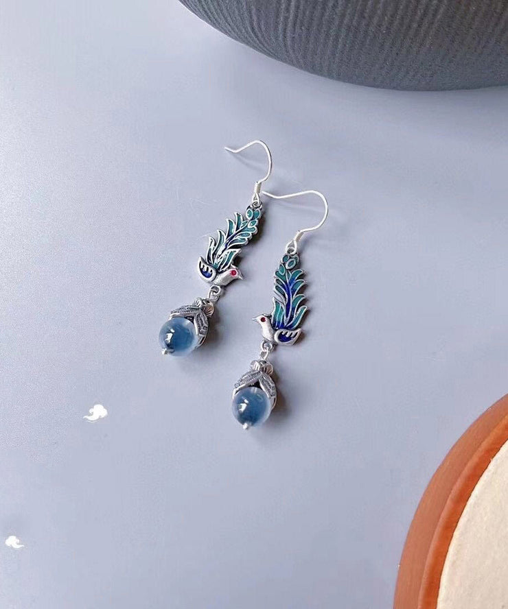 Women Blue Sterling Silver Cloisonne Enamel Phoenix Drop Earrings