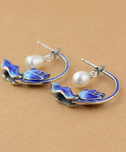 Women Blue Sterling Silver Cloisonne Inlaid Pearl Lotus Hoop Earrings