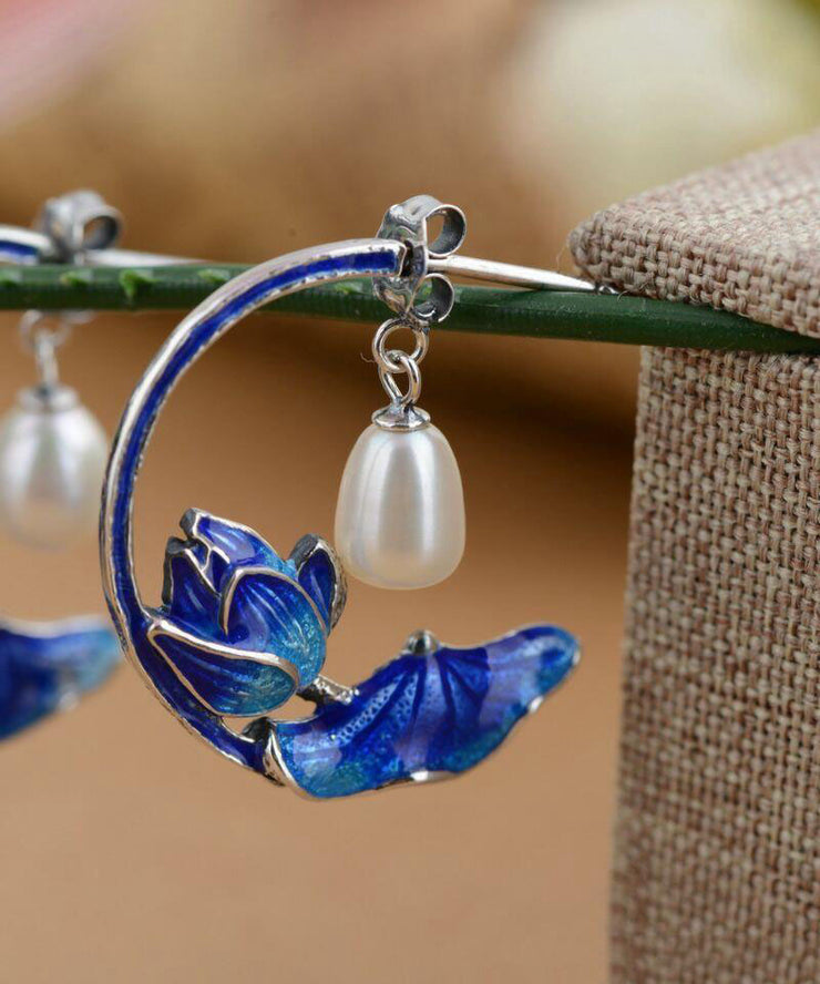 Women Blue Sterling Silver Cloisonne Inlaid Pearl Lotus Hoop Earrings