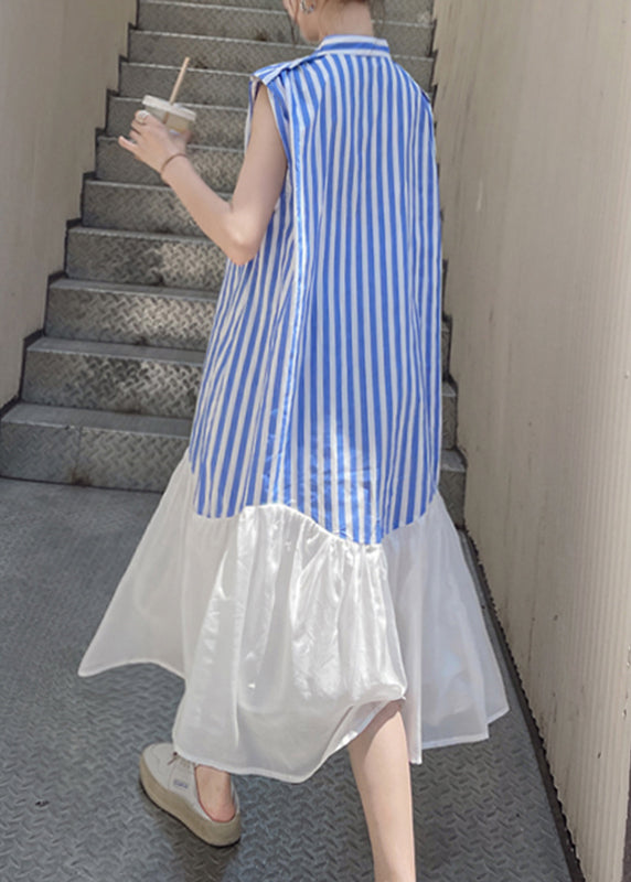 Women Blue Striped Patchwork Button Chiffon Long Dress Summer
