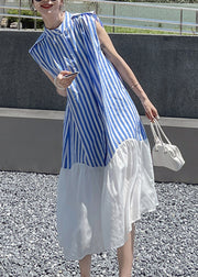 Women Blue Striped Patchwork Button Chiffon Long Dress Summer
