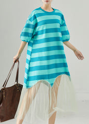 Women Blue Striped Patchwork Tull Robe Dresses Summer