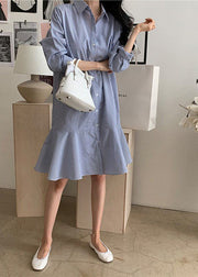 Women Blue Striped Peter Pan Collar Ruffles Cotton Shirt Dress Spring