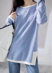 Women Blue Striped Side Open  Knitting Cotton Tops Fall