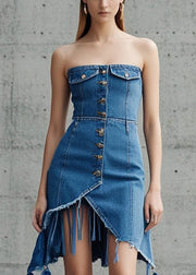 Women Blue Tasseled Asymmetrical Design Denim Day Strapless Dress Summer