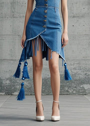 Women Blue Tasseled Asymmetrical Design Denim Day Strapless Dress Summer