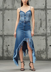 Women Blue Tasseled Asymmetrical Design Denim Skirt Spring