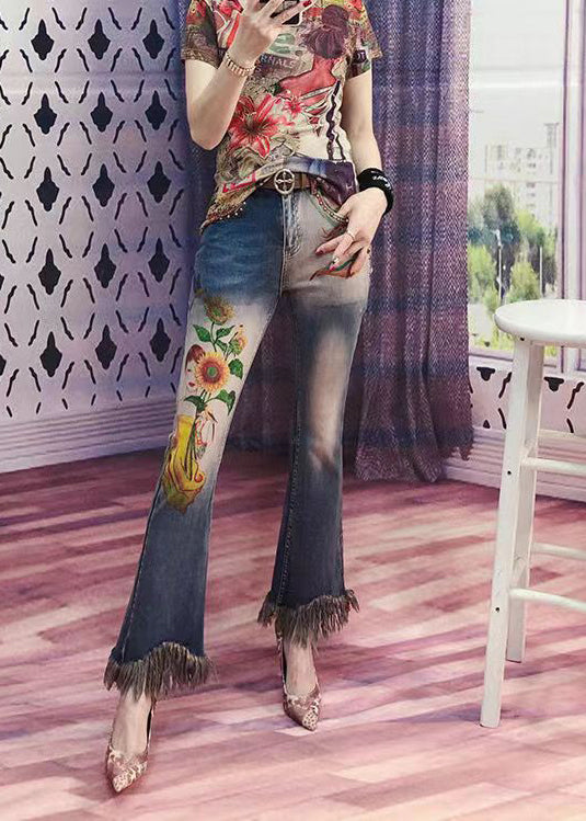 Women Blue Tasseled Pockets Print Denim Flare Bottoms Spring