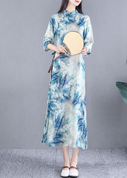 Women Blue Tie Dye Slim Fit Linen Dress Fall