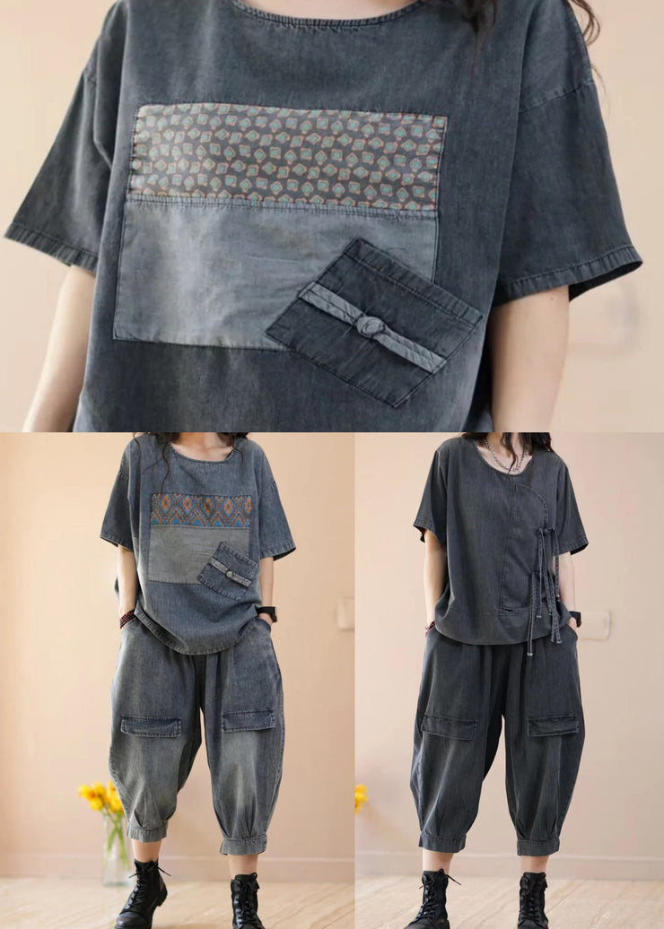 Women Blue Tops And Crop Pants Denim Two Piece Suit Set Summer