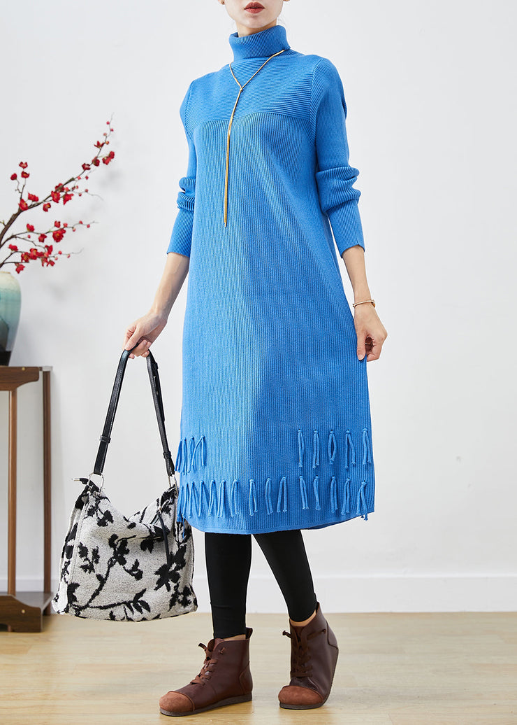 Women Blue Turtle Neck Tasseled Knitted Dress Fall