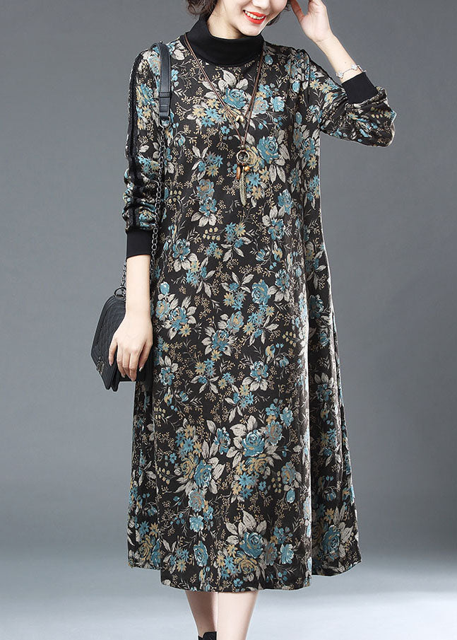 Women Blue Turtleneck Print Patchwork Warm Fleece Long Dresses Fall