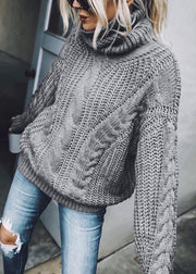 Women Blue Turtleneck Thick Cable Knit Sweaters Spring