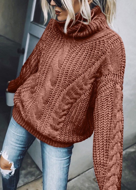 Women Blue Turtleneck Thick Cable Knit Sweaters Spring