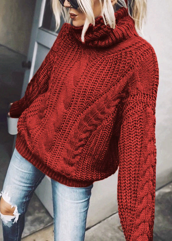 Women Blue Turtleneck Thick Cable Knit Sweaters Spring