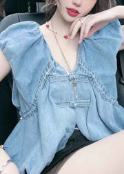 Women Blue V Neck Button Denim Tops Sleeveless