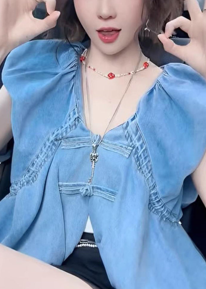 Women Blue V Neck Button Denim Tops Sleeveless