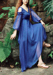 Women Blue V Neck Cold Shoulder Silk Maxi Dresses Puff Sleeve