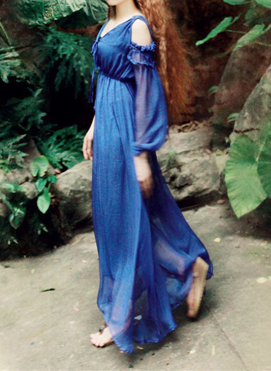 Women Blue V Neck Cold Shoulder Silk Maxi Dresses Puff Sleeve