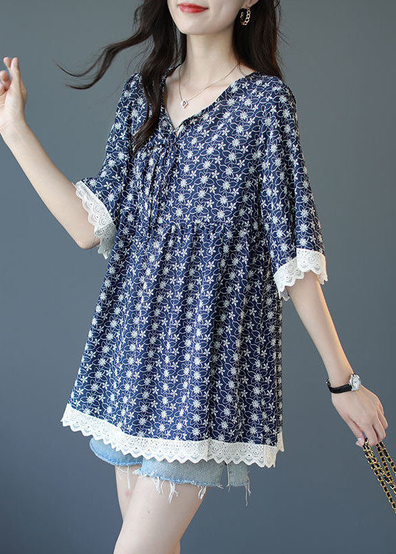 Women Blue V Neck Lace Patchwork Print Chiffon Top Half Sleeve