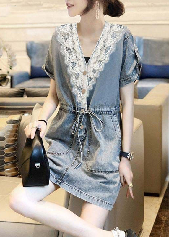 Women Blue V Neck Lace Patchwork Tie Waist Holiday Mid Dress Short Sleeve