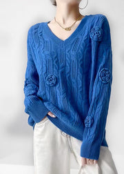 Women Blue V Neck Oversized Floral Cable Knit Sweater Winter