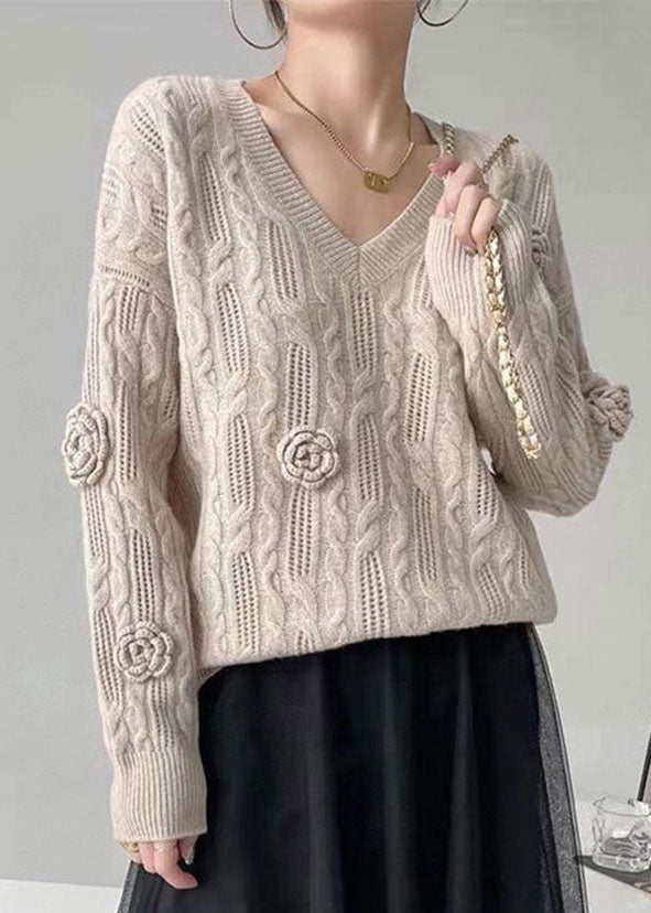 Women Blue V Neck Oversized Floral Cable Knit Sweater Winter