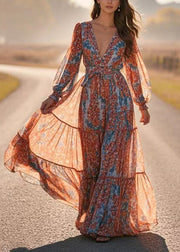 Women Blue V Neck Patchwork Chiffon Long Dress Lantern Sleeve