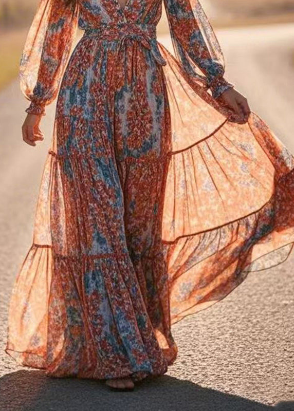 Women Blue V Neck Patchwork Chiffon Long Dress Lantern Sleeve