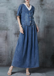 Women Blue V Neck Patchwork Denim Two Pieces Set Spring