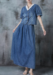 Women Blue V Neck Patchwork Denim Two Pieces Set Fall