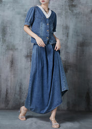 Women Blue V Neck Patchwork Denim Two Pieces Set Fall