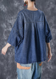 Women Blue V Neck Patchwork Pockets Denim Coats Summer