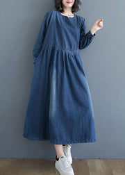 Women Blue V-Neck Pockets Wrinkled Patchwork Denim Dress Fall