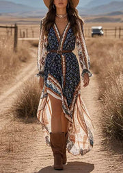 Women Blue V Neck Print Asymmetrical Chiffon Holiday Maxi Dress Spring