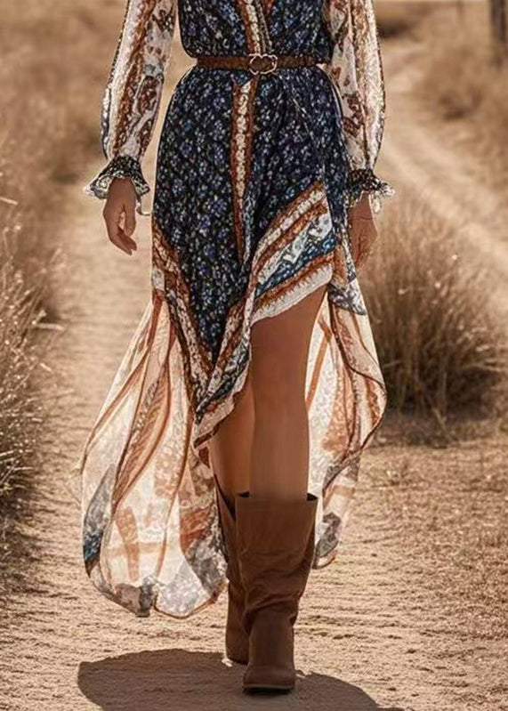 Women Blue V Neck Print Asymmetrical Chiffon Holiday Maxi Dress Spring