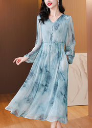 Women Blue V Neck Print Drawstring Silk Dress Lantern Sleeve