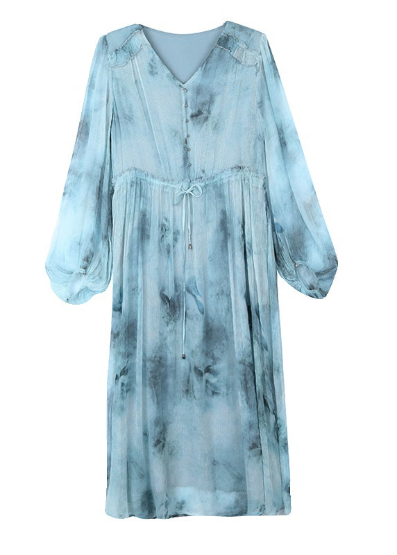 Women Blue V Neck Print Drawstring Silk Dress Lantern Sleeve