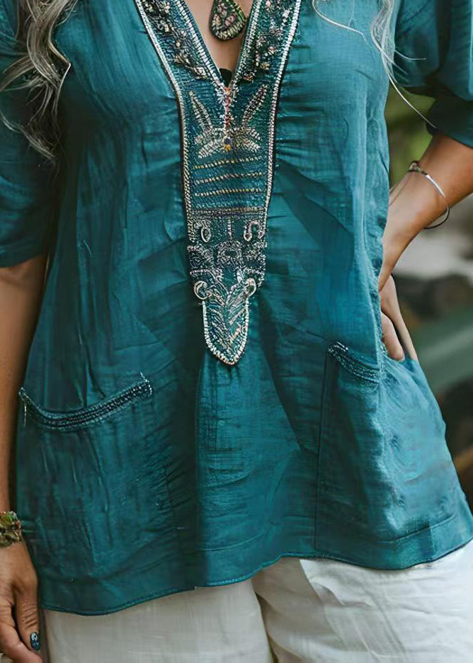 Women-Blue-V-Neck-Print-Pockets-Plus-Size-Cotton-Top-Summer