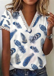 Women Blue V Neck Print Top Short Sleeve